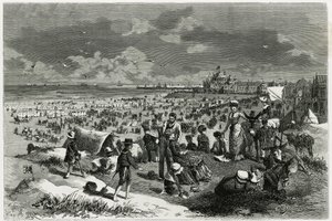 أوستند بيتش. نقش بواسطة أ. هاينز لتوضيح قصة "La Belgique" للكاتب كاميل ليمونير (1844-1913) ، الكاتب والناقد الفني. نُشر في مجلة Tour du monde new des voyages بواسطة أرماند جان هاينز