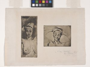 عارية ويداها خلف رأسها ، عموديًا (الصورة اليسرى) ؛ عارية ويداها خلف رأسها ، أفقيًا (الصورة اليمنى) (حفر ونقش مائي)