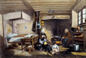 الداخلية الفلاحين بالقرب من Royat في Auvergne. الأم تقوم بالخياطة والأب يجلس بجانب المدفأة الكبيرة بينما يلعب الأطفال. الطباعة الحجرية لأرماند ثيوفيل كاساني (1823-1907) القرن التاسع عشر. المتحف الوطني للفنون والتقاليد الشعبية ، باريس. بواسطة أرماند ثيوفيل كاساني