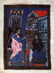 البشارة. رئيس الملائكة جبرائيل يزور مريم العذراء. إضاءة من قبل سيد Codex Matenadaran (القرن الثالث عشر) ، مصغر ، ألوان مائية على رق بواسطة المدرسة الأرمنية