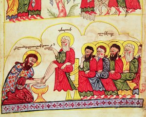 السيدة ٤٠٤٠ صفحة ٧ ظ المسيح يغسل أقدام التلاميذ ، القرن ١٢-١٣ بواسطة المدرسة الأرمنية
