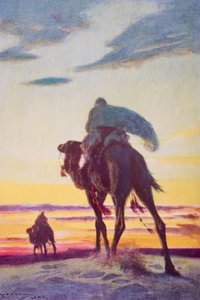 رحلة محمد إلى المدينة ، رسم توضيحي من "مخطط التاريخ" بقلم هـ.ج.ويلز ، المجلد الثاني ، نُشر عام 1920 (لون ليثو) بواسطة آرثر سي (بعد) مايكل