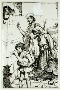 توم كات للسير ألريد دين ، رسم توضيحي من "أساطير إنغولدسبي ، أو ميرث آند مارفلز" ، بقلم توماس إنغولدسبي ، نُشر عام 1898 (قلم وحبر على ورق) بواسطة آرثر راكهام