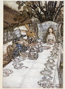 أليس تأخذ "" في الحمقى "" (The Hatter and the Mars Lievre) - في "" مغامرات أليس في بلاد العجائب "" ، لويس كارول ، مريض. بقلم آرثر راكهام (1867-1939) بواسطة آرثر راكهام