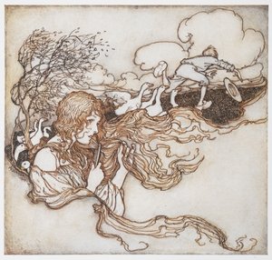 رسم توضيحي لفتاة تمشط شعرها بالأوز وصبي في الخلفية ، من The Goosegirl. بواسطة آرثر راكهام