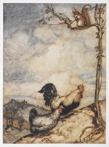 رسم توضيحي للدجاجة والديك الصغير والسنجاب من The Adventures of Chanticleer and Partlet. بواسطة آرثر راكهام