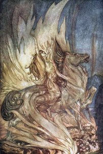 يقفز Brünnhilde على Grane على جنازة Siegfried. رسم توضيحي لـ Siegfried و The Tw بواسطة آرثر راكهام