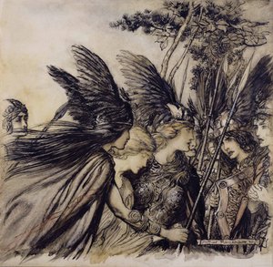 Brunnhilde يستكشف Valkyries ، التوضيح من The Rhinegold and the Valkyrie ، بقلم ريتشارد فاجنر ، طبعة نشرت عام 1910 (قلم وحبر ومرحاض على الورق) بواسطة آرثر راكهام