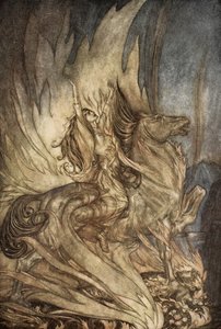 Brunnhilde على Grane يقفز إلى محرقة جنازة Siegfried ، رسم توضيحي من "Siegfried and the Twilight of the Gods" بواسطة آرثر راكهام