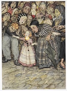 قال طفل صغير: "لكن ليس لديه أي شيء على الإطلاق". رسم توضيحي ملون للقصة "ملابس الإمبراطور الجديدة". بواسطة آرثر راكهام