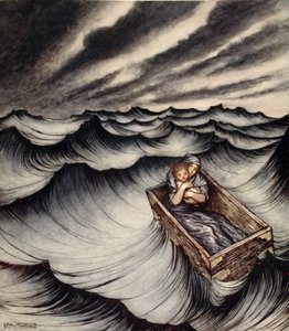 Danae صفقت طفلها عن كثب ، رسم توضيحي من 'A Wonder Book for Girls and Boys' لـ Nathaniel Hawthorne بواسطة آرثر راكهام