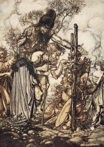 فافنر: "مرحبًا! تعال إلى هنا ، وأوقفني عن هذا المرفاع! "، التوضيح من" The Rhinegold and the Valkyrie "، 1910 بواسطة آرثر راكهام