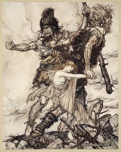 استولى فاسولت فجأة على فريا وسحبها إلى جانب واحد مع فافنر ، رسم توضيحي من &39;The Rhinegold and the Valkyrie&39; ، 1910 بواسطة آرثر راكهام