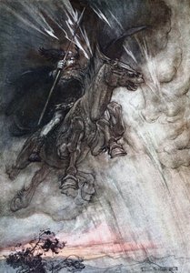 على نحو غاضب يركب Wotan إلى الصخرة. رسم توضيحي لـ The Rhinegold and The Valkyrie بواسطة Richard بواسطة آرثر راكهام