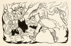 غول ماك مورنا يعتدي على جهنم لإنقاذ فيون و Fianna-Finn ، من The Little Brawl at Allen in Irish Fairy Tales بواسطة آرثر راكهام