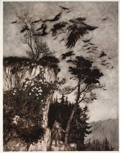 تم الرد عليه فقط من قبل قطيع من الغربان الخاملة. ، من Rip Van Winkle by Washington Irving ، حانة. 1910 بواسطة آرثر راكهام