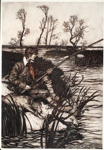 كان يجلس على صخرة وأسماك مبللة طوال اليوم. ، من Rip Van Winkle by Washington Irving ، حانة. 1910 بواسطة آرثر راكهام