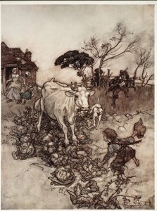 كانت بقرته تضل أو تتنقل بين الملفوف. ، من حانة Rip Van Winkle by Washington Irving ، حانة. 1910 بواسطة آرثر راكهام