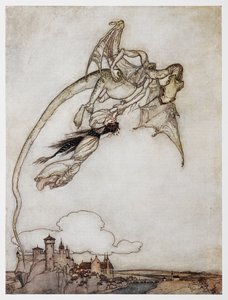 رسم توضيحي لتنين يحمل الأميرة من The Four Clever Brothers. بواسطة آرثر راكهام