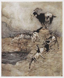 رسم توضيحي لماعز وأطفالها الصغار يلعبون في فيلم The Wolf and the Seven Kids. بواسطة آرثر راكهام