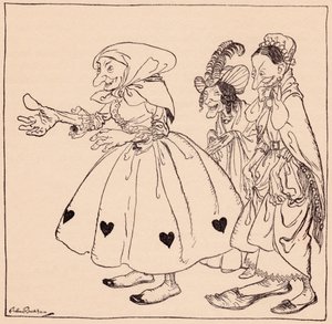 وجاءت النساء الثلاث اللائي يرتدين أكثر الأزياء أناقة. رسم توضيحي لآرثر راكهام من فيلم Fairy Tale ، The Three Spinning Women. بواسطة آرثر راكهام