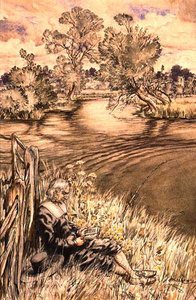 Izaak Walton Reclining Against a Fence ، واحدة من سلسلة من الرسوم التوضيحية من Izaak Walton ، "The Complete Angler" (قلم وحبر وألوان مائية على ورق) بواسطة آرثر راكهام