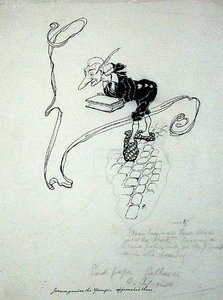 `` غادر Jorumgander the Younger متجره واقترب منهم مع علبة أقلام عرضها للبيع '' ، رسم توضيحي من 'The Zankiwank and the Bletherwitch' ، بقلم SJ Adair Fitzgerald ، نُشر عام 1896 (قلم وحبر على ورق) بواسطة آرثر راكهام