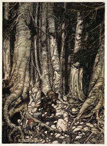 قام بعضهما بتخفيف بعضهما البعض من خلال التسلق إلى أخدود ضيق. ، من Rip Van Winkle by Washington Irving ، حانة. 1910 بواسطة آرثر راكهام