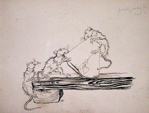"الجرذان! ... أكلت الجبن من الأواني!" ، رسم توضيحي من "The Pied Piper of Hamelin" ، نسخة لروبرت براوننج ، نُشرت عام 1934 (قلم وحبر على ورق) بواسطة آرثر راكهام