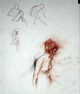 جالس عاري (قلم وحبر وطباشير أسود على ورق)