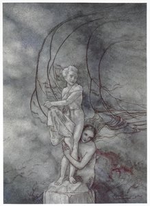 "وضعت ذراعيها حول الشكل الرخامي الذي كان يشبه الأمير". رسم توضيحي لقصة "حورية البحر الصغيرة". بواسطة آرثر راكهام