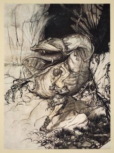 Siegfried يقتل Fafner ، التوضيح من "Siegfried وشفق الآلهة" ، 1924 بواسطة آرثر راكهام