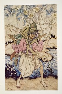 حمل سندباد رجل البحر العجوز على كتفيه من كتاب آرثر راكهام الجنية ، الحانة. 1933 بواسطة آرثر راكهام