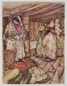 كانت متاجر بادجرز الشتوية ، التي كانت مرئية بالفعل في كل مكان ، تشغل نصف الغرفة ، من Wind in the Willows بواسطة Kenneth Grahame (1859 - 1932) ، الحانة. 1940 بواسطة آرثر راكهام