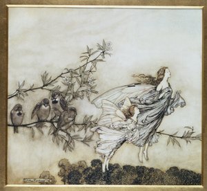 الجنيات لديهم مشاجرة مع الطيور ، 1906 توضيح لبيتر بان في حدائق كينسينغتون بواسطة JM Barrie ، حانة. 1906 (حبر ومرحاض)