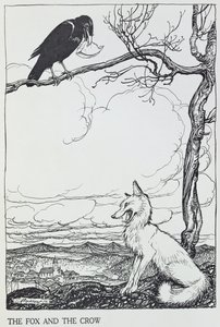 الثعلب والغراب ، رسم توضيحي من "أساطير إيسوب" ، نشره Heinemann ، 1912 (النقش)