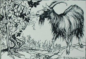 The Goat and the Vine ، رسم توضيحي من "أساطير إيسوب" ، نشره Heinemann بواسطة آرثر راكهام