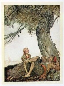 المسافرون وشجرة الطائرة ، رسم توضيحي من "أساطير إيسوب" ، نشره Heinemann ، 1912 بواسطة آرثر راكهام