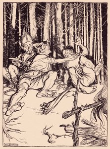 أعطى العملاق للذي كان يجلس بجانبه صندوقًا على أذنه. رسم توضيحي لآرثر راكهام من فيلم Fairy Tale لجريم ، The Skillful Huntsman. بواسطة آرثر راكهام