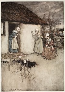 لم تفشل زوجات القرية الطيبة ، في أحاديثهن المسائية ، في إلقاء اللوم على Dame Van Winkle ، من Rip Van Winkle by Washington Irving ، الحانة. 1910 بواسطة آرثر راكهام
