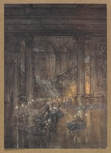 من خلال المنزل ، تعطي ضوءًا متلألئًا من خلال النار الميتة والنعاس. مشهد من فيلم A Midsummer Night