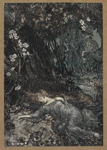 تيتانيا مستلقية نائمة. مشهد من فيلم A Midsummer Night