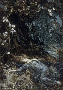 تيتانيا ملكة الرسوم نائمة. رسم إيضاحي لآرثر راكهام (1867-1939) لحلم ليلة صيفية بقلم ويليام شكسبير بواسطة آرثر راكهام