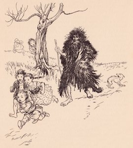 من رآه هرب. رسم توضيحي لآرثر راكهام من فيلم Fairy Tale Bearskin لجريم. بواسطة آرثر راكهام