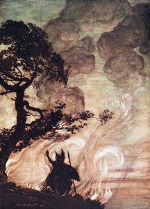 يتحول Wotan وينظر بحزن إلى Brünnhilde. رسم توضيحي لـ The Rhinegold and The Valkyr