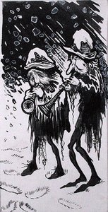 "Yule Logs، Snapdragon، Wassail، Waits and Holly" ، رسم توضيحي من "Old Friend Christmas" ، بواسطة CV Godby (قلم وحبر بألوان مائية أحادية اللون ولون جسم على ورق) بواسطة آرثر راكهام