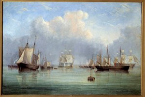 السفن البحرية والمراكب الشراعية الراسية. لوحة آرثر ويلينجتون فاولز (1815-1883) متحف أورليانز للفنون الجميلة في القرن التاسع عشر بواسطة آرثر ويلينجتون فاولز