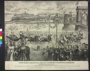 وصول الزوجين الإمبراطوريين إلى مخزن المحكمة في بودابست في 29. يناير 1866 بواسطة فنان غير معروف