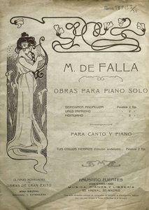فالا، مانويل دي (1876-1946). ملحن وعازف بيانو إسباني. أعمال للبيانو المنفرد والبيانو والصوت. طُبعت في مدريد. بواسطة فنان غير معروف