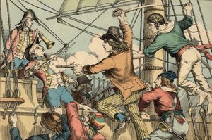 روبير سوركوف بحار وقرصان فرنسي، هنا على متن القارب الإنجليزي "تريتون" عام 1796 (نقش) بواسطة فنان غير معروف